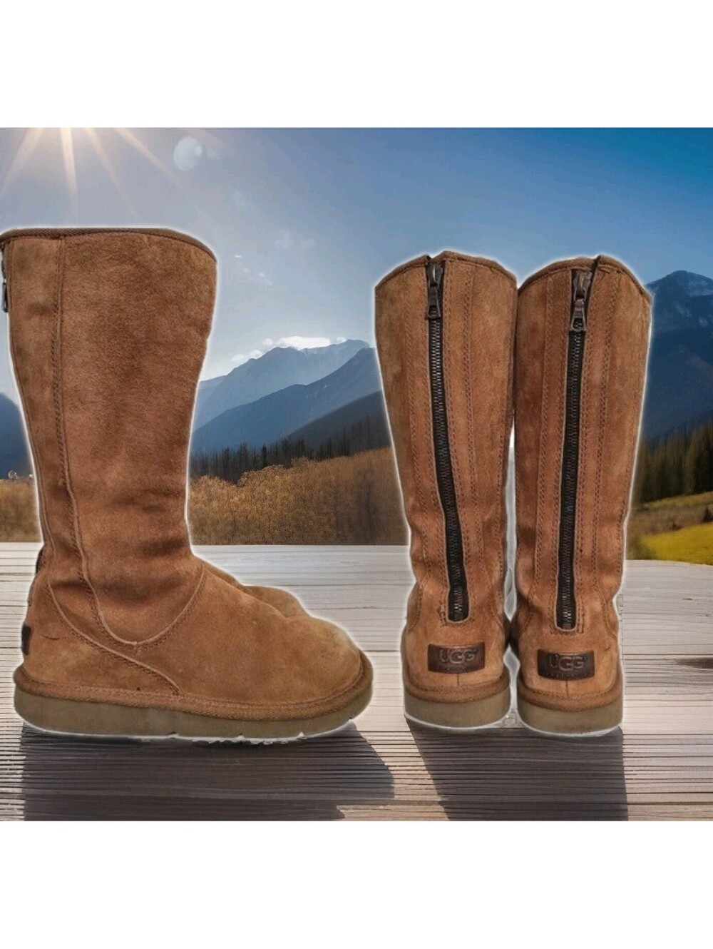 Uggs KNIGHTSBRIDGE Tall Suede Sheepskin Shearling Boots Back Zip Tan Women 8 7.5